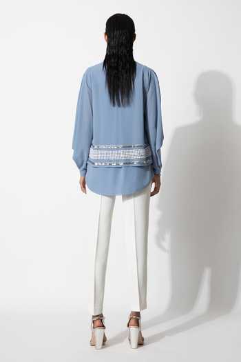 Shop_Rohit Gandhi + Rahul Khanna_Blue Viscose Georgette Embroidered Sequins V Neck Embellished Applique Shirt _at_Aza_Fashions