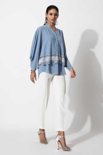 Buy_Rohit Gandhi + Rahul Khanna_Blue Viscose Georgette Embroidered Sequins V Neck Embellished Applique Shirt _Online_at_Aza_Fashions