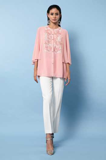 Buy_Rohit Gandhi + Rahul Khanna_Pink Georgette Embroidered Applique Round Top _at_Aza_Fashions