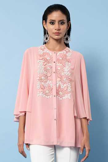 Rohit Gandhi + Rahul Khanna_Pink Georgette Embroidered Applique Round Top _Online_at_Aza_Fashions