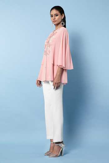 Shop_Rohit Gandhi + Rahul Khanna_Pink Georgette Embroidered Applique Round Top _Online_at_Aza_Fashions