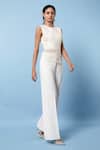 Buy_Rohit Gandhi + Rahul Khanna_Off White Chiffon Embellishments Tapes Round Asymmetric Peplum Top _at_Aza_Fashions