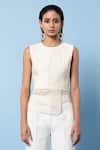Rohit Gandhi + Rahul Khanna_Off White Chiffon Embellishments Tapes Round Asymmetric Peplum Top _Online_at_Aza_Fashions