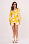 House Of Varada Yellow Cotton Satin V-neck Abstract Print Wrap Dress Online at Aza Fashions House Of Varada_Yellow Cotton Satin V-neck Abstract Print Wrap Dress _Online_at_Aza_Fashions