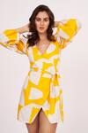 Buy House Of Varada Yellow Cotton Satin V-neck Abstract Print Wrap Dress Online at Aza Fashions Buy_House Of Varada_Yellow Cotton Satin V-neck Abstract Print Wrap Dress _Online_at_Aza_Fashions