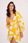 House Of Varada Yellow Cotton Satin V-neck Abstract Print Wrap Dress at Aza Fashions House Of Varada_Yellow Cotton Satin V-neck Abstract Print Wrap Dress _at_Aza_Fashions
