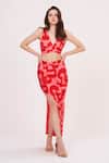 Buy House Of Varada Red Cotton Satin V-neck Abstract Printed Top And Side-slit Skirt Set Online at Aza Fashions Buy_House Of Varada_Red Cotton Satin V-neck Abstract Printed Top And Side-slit Skirt Set _Online_at_Aza_Fashions