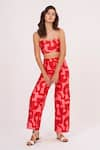 House of Varada_Red Cotton Satin Printed Abstract Tube Neck Top And Palazzo Set _Online_at_Aza_Fashions