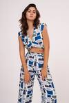 House Of Varada Blue Muslin V-neck Geometric Print Top And Pant Set at Aza Fashions House Of Varada_Blue Muslin V-neck Geometric Print Top And Pant Set _at_Aza_Fashions