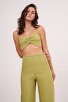 Buy_House of Varada_Green Banana Crepe Solid Halter Neck Top And Pant Set  _Online_at_Aza_Fashions