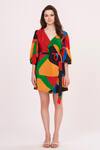 House of Varada_Multi Color Crepe Printed Geometric V Neck Wrap Dress  _Online_at_Aza_Fashions