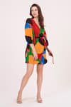 Buy_House of Varada_Multi Color Crepe Printed Geometric V Neck Wrap Dress  _Online_at_Aza_Fashions