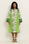 Buy_Kusmi_Green Cotton Embroidery Round Neck Rosette Print Dress _at_Aza_Fashions