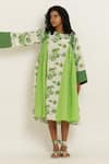 Kusmi_Green Cotton Embroidery Round Neck Rosette Print Dress _at_Aza_Fashions