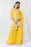 Buy_Bhairavi Jaikishan_Yellow Silk Embroidered Sequin Notched Floral Threadwork Kurta Sharara Set _at_Aza_Fashions