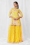 Bhairavi Jaikishan_Yellow Silk Embroidered Sequin Notched Floral Threadwork Kurta Sharara Set _Online_at_Aza_Fashions