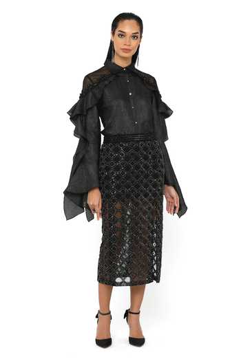 Buy_Rohit Gandhi + Rahul Khanna_Black Organza Embroidery Swing Shirt _at_Aza_Fashions