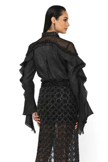 Shop_Rohit Gandhi + Rahul Khanna_Black Organza Embroidery Swing Shirt _at_Aza_Fashions
