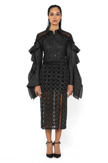 Rohit Gandhi + Rahul Khanna_Black Organza Embroidery Swing Shirt _Online_at_Aza_Fashions
