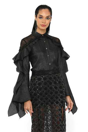 Shop_Rohit Gandhi + Rahul Khanna_Black Organza Embroidery Swing Shirt _Online_at_Aza_Fashions