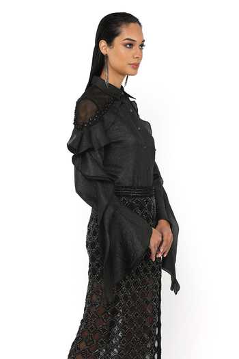 Rohit Gandhi + Rahul Khanna_Black Organza Embroidery Swing Shirt _at_Aza_Fashions