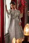 Buy_Annus Creation_Grey Net Hand Embroidered Cut Dana Round Neck Sequin Anarkali Lehenga Set _Online_at_Aza_Fashions