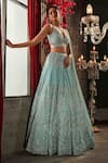 Shop_Annus Creation_Blue Net Hand Embroidered Cut Dana Plunge V Neck Sequin And Pearl Lehenga Set _at_Aza_Fashions