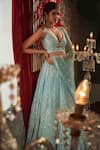 Annus Creation_Blue Net Hand Embroidered Cut Dana Plunge V Neck Sequin And Pearl Lehenga Set _Online_at_Aza_Fashions