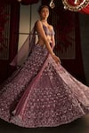 Annus Creation_Purple Net Hand Embroidered Cut Dana Plunge V Neck Bridal Lehenga Set _Online_at_Aza_Fashions