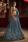 Buy_Annus Creation_Blue Net Hand Embroidered Mirror Deep V Neck And Sequin Bridal Lehenga Set _at_Aza_Fashions