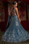 Shop_Annus Creation_Blue Net Hand Embroidered Mirror Deep V Neck And Sequin Bridal Lehenga Set _at_Aza_Fashions