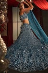 Annus Creation_Blue Net Hand Embroidered Mirror Deep V Neck And Sequin Bridal Lehenga Set _Online_at_Aza_Fashions