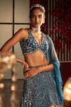 Buy_Annus Creation_Blue Net Hand Embroidered Mirror Deep V Neck And Sequin Bridal Lehenga Set _Online_at_Aza_Fashions