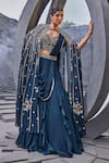 Buy_Miku Kumar_Blue Georgette, Viscose Tassels V-neck Embroidered Cape Draped Lehenga Set _at_Aza_Fashions