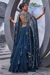 Shop_Miku Kumar_Blue Georgette, Viscose Tassels V-neck Embroidered Cape Draped Lehenga Set _at_Aza_Fashions