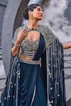 Miku Kumar_Blue Georgette, Viscose Tassels V-neck Embroidered Cape Draped Lehenga Set _Online_at_Aza_Fashions