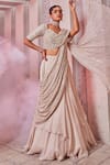 Buy_Miku Kumar_Ivory Silk, Net, Georgette Sequins V-neck Embroidered Draped Choli And Lehenga Set _at_Aza_Fashions