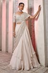 Miku Kumar_Ivory Silk, Net, Georgette Sequins V-neck Embroidered Draped Choli And Lehenga Set _Online_at_Aza_Fashions