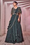 Buy_Miku Kumar_Green Silk, Net, Georgette Tassels, Embroidery V-neck Cape Draped Lehenga Set _Online_at_Aza_Fashions