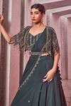 Shop_Miku Kumar_Green Silk, Net, Georgette Tassels, Embroidery V-neck Cape Draped Lehenga Set _Online_at_Aza_Fashions