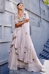 Miku Kumar_Ivory Viscose Satin Organza Embroidered Floral Draped Skirt Set  _Online_at_Aza_Fashions