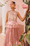 Shop_Anu Pellakuru_Pink Kota Embroidered Floral Turtle Neck Asymmetric Peplum Gown _Online_at_Aza_Fashions