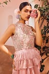 Shop_Anu Pellakuru_Pink Kota Embroidered Floral Turtle Neck Asymmetric Peplum Gown _at_Aza_Fashions