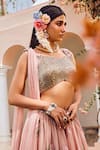 Anu Pellakuru_Pink Kota Doria Embroidery Sweetheart Neck Floral Tiered Lehenga Set _at_Aza_Fashions