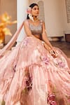 Shop_Anu Pellakuru_Pink Kota Doria Embroidery Sweetheart Neck Floral Tiered Lehenga Set _at_Aza_Fashions