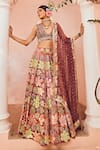 Buy_Anu Pellakuru_Wine Velvet Embroidered Floral V Neck Bridal Lehenga Set _at_Aza_Fashions