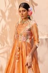 Shop_Anu Pellakuru_Orange Kota Embroidered Floral Round Anarkali With Dupatta _at_Aza_Fashions