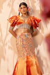 Shop_Anu Pellakuru_Orange Velvet Embroidered Floral V Neck Lehenga Set _at_Aza_Fashions