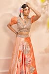 Shop_Anu Pellakuru_Orange Velvet Embroidered Floral V Placement Lehenga Set _Online_at_Aza_Fashions