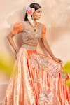Shop_Anu Pellakuru_Orange Velvet Embroidered Floral V Placement Lehenga Set _at_Aza_Fashions